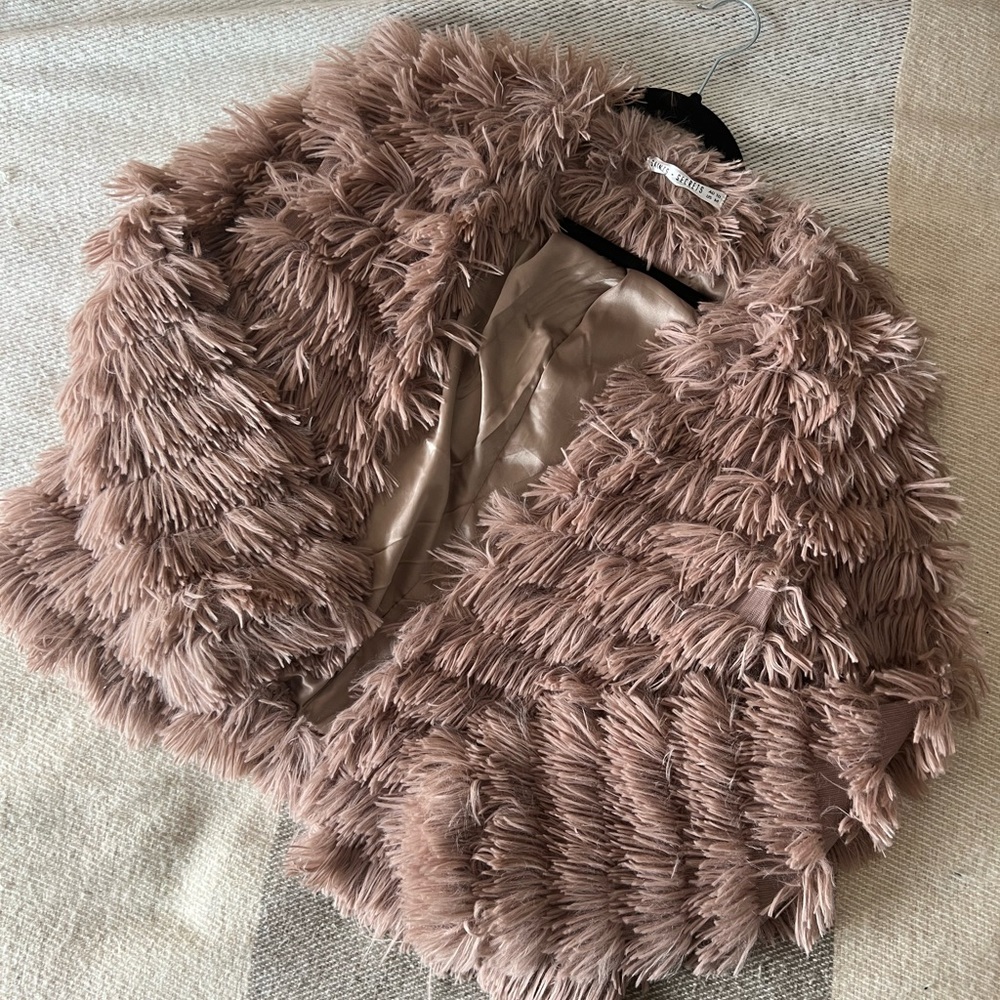 Mauve Fringe Faux Fur Jacket